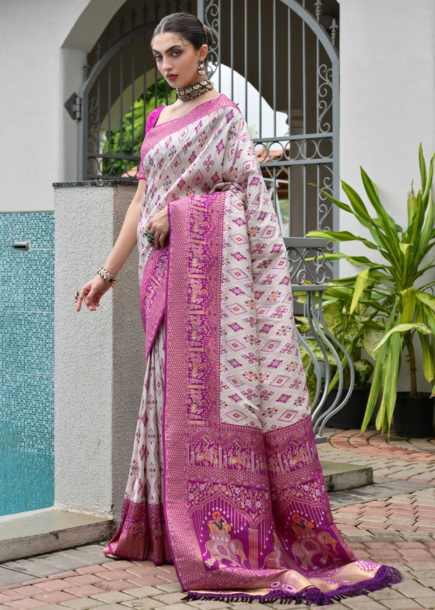 White & Magenta Woven Banarasi Patola Silk Saree