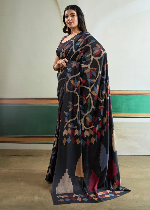 Midnight Black Printed Satin Silk Saree