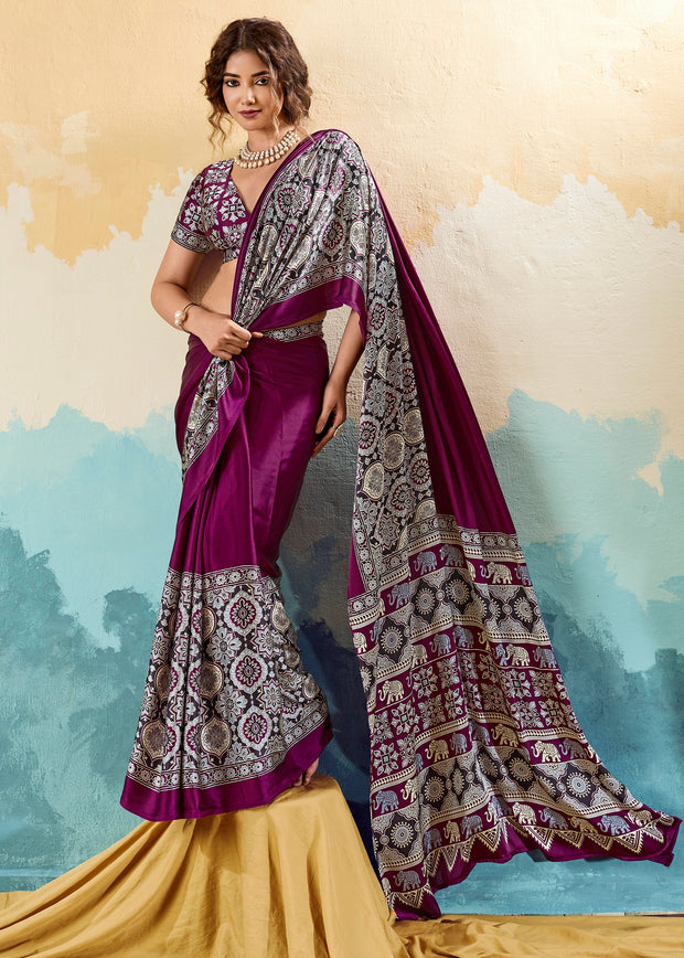 Wine Purple Printed Satin Silk Saree