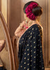 “Exclusive Offer” : Pirate Black Woven Designer Embroidered Silk Saree With Contrast Blouse