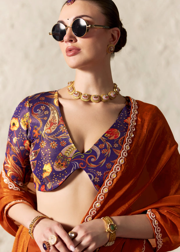 Terracotta Orange Designer Organza Tissue Silk Saree With Printed Blouse