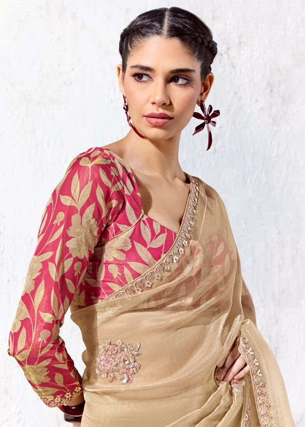 Beige Designer Organza Silk Saree With Printed Blouse