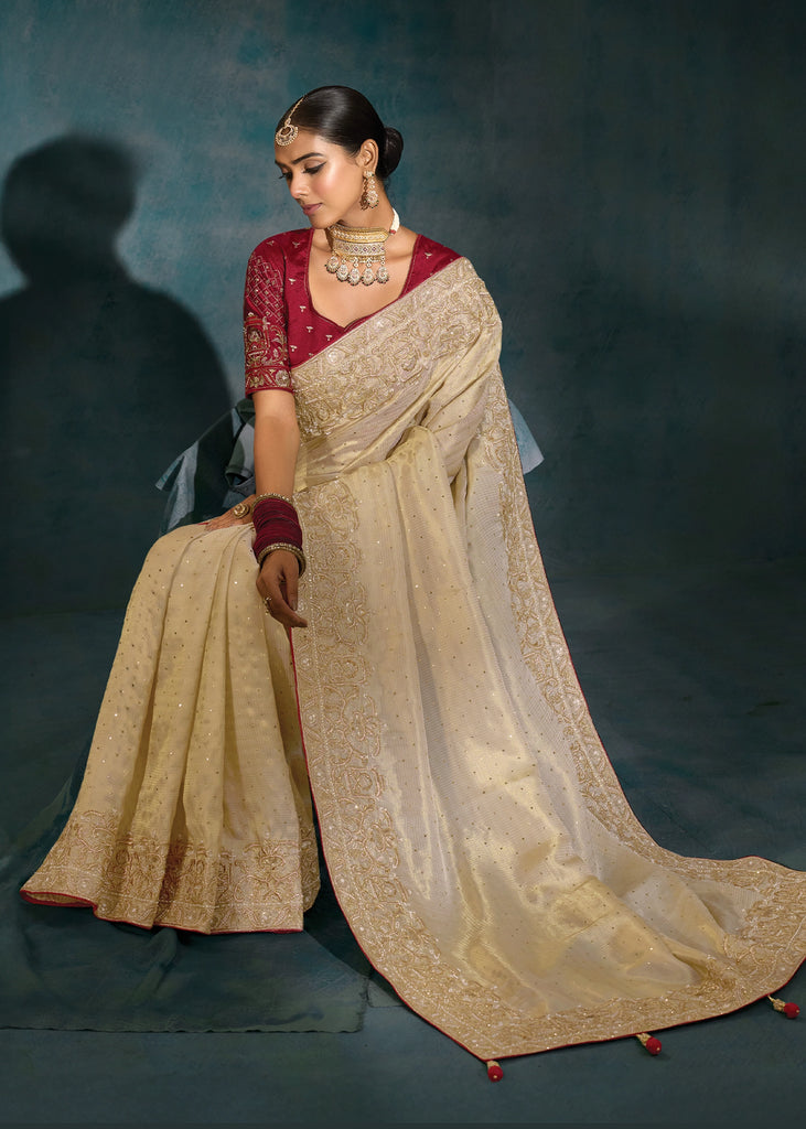 Ivory Embroidered Designer Tissue Saree