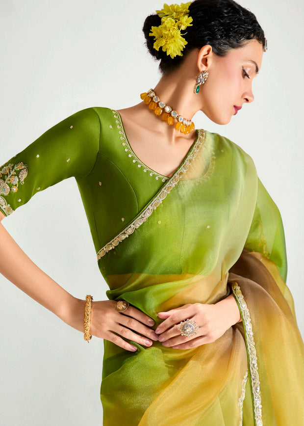 Mehandi Green Ombre Designer Tissue Saree With Embroidered Blouse