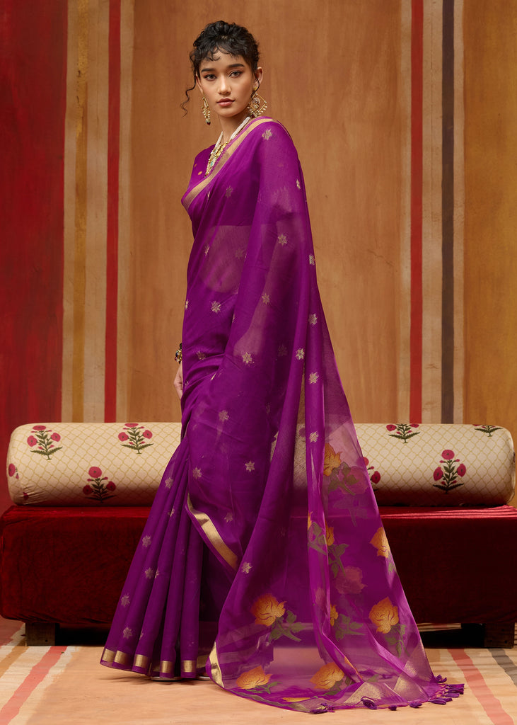 Berry Purple Woven Cotton Organza Saree