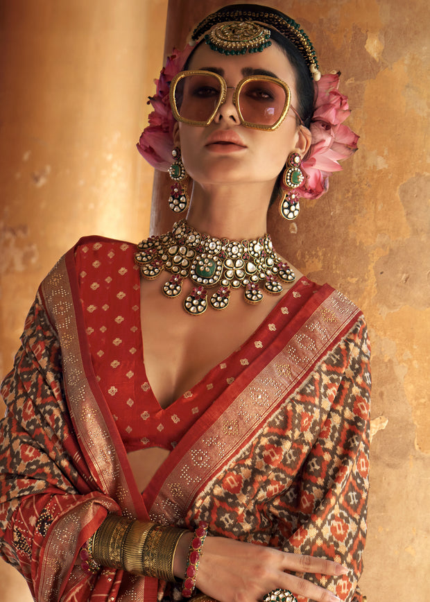 Rust Orange Printed Patola Silk Saree
