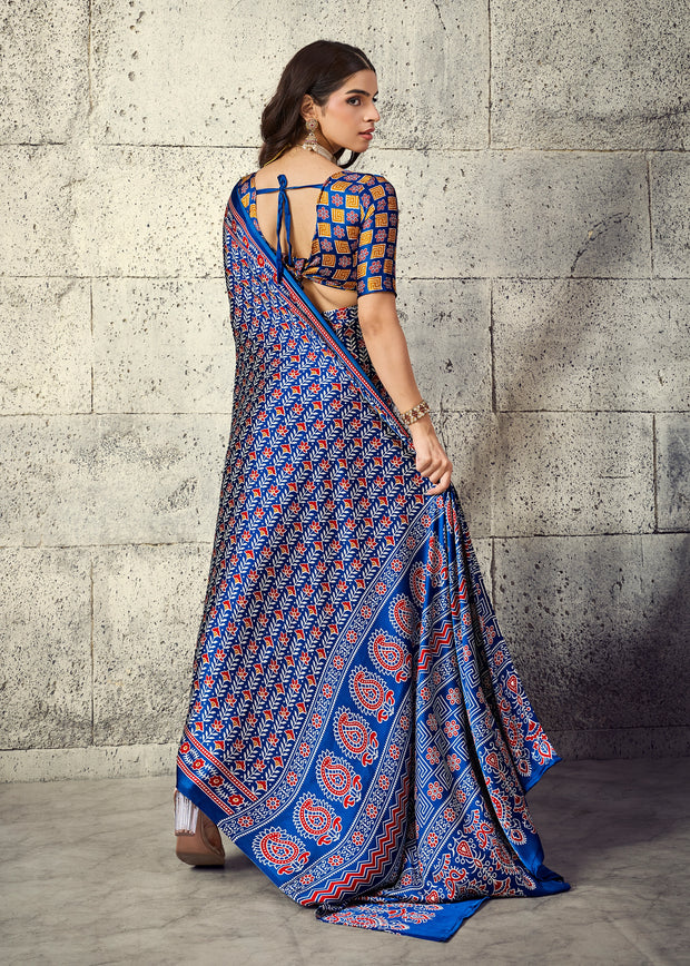 Indigo Blue Printed Satin Silk Saree