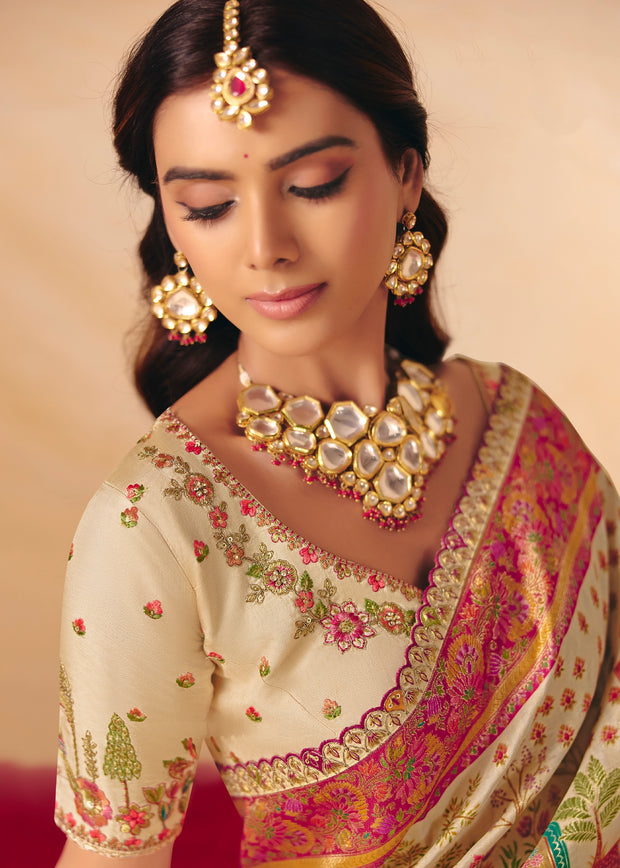 Off White Designer Embroidered Saree