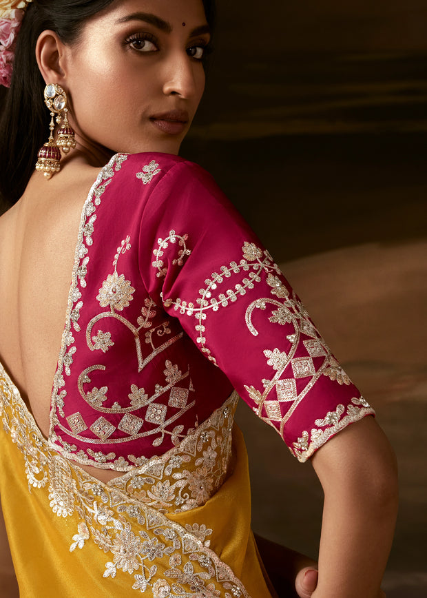 Haldi Yellow Embroidered Designer Organza Saree