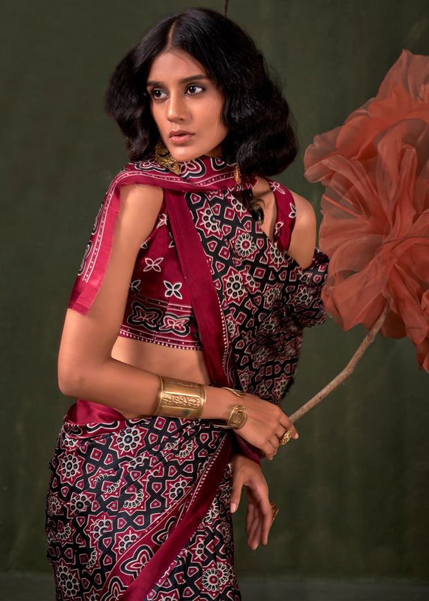 Beet Red Printed Satin Crepe Silk Saree