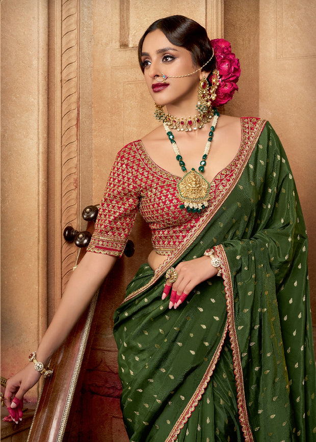 “Exclusive Offer” : Medium Green Woven Designer Embroidered Silk Saree With Contrast Blouse
