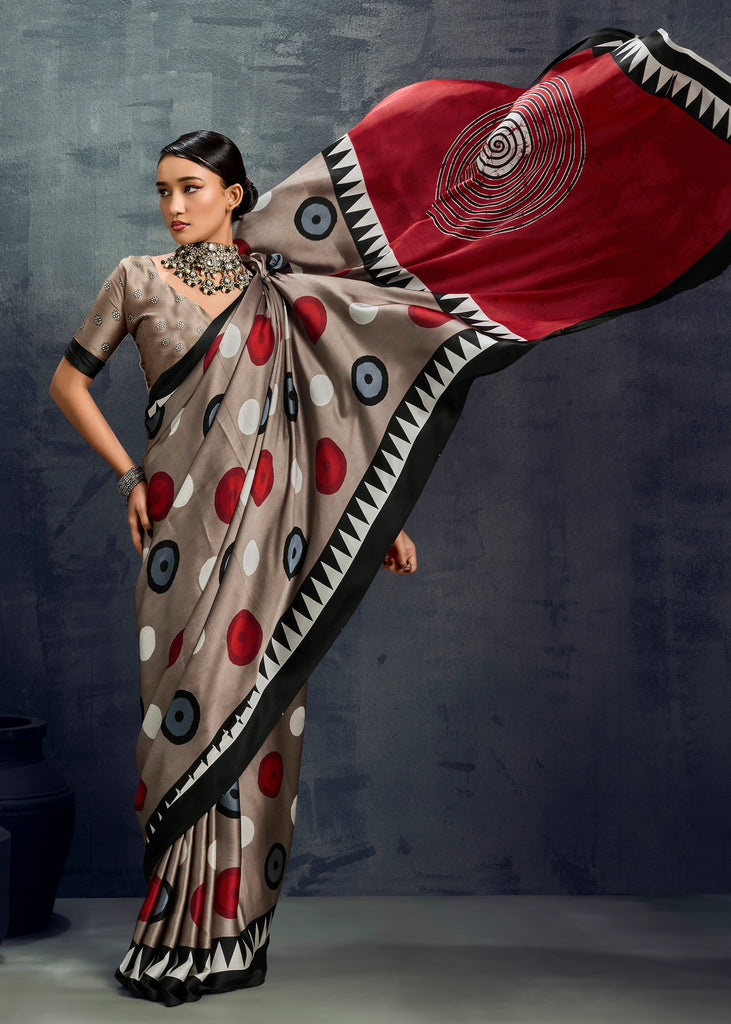 Fossil Grey Printed Satin Silk Saree