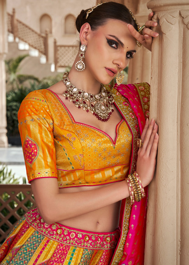 Yellow & Pink Banarasi Silk Embroidered Lehenga
