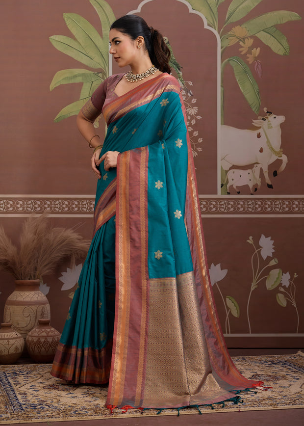 Teal Blue Woven Banarasi Tussar Silk Saree