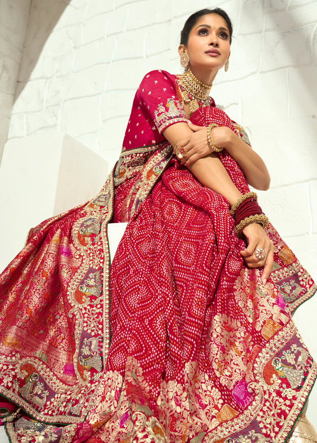 Red Embroidered Georgette Bandhej Saree