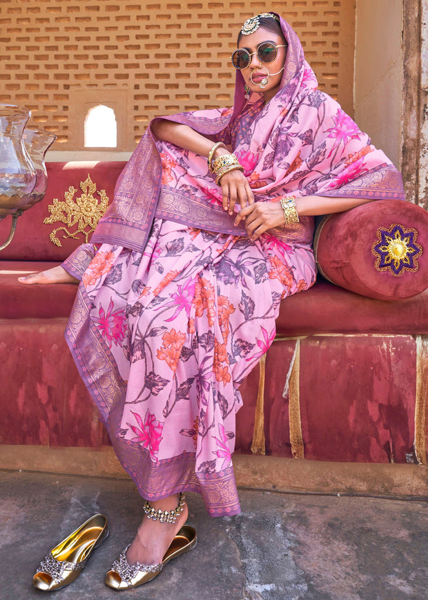 Blush Pink Floral Printed Silk Saree With Contrast Border