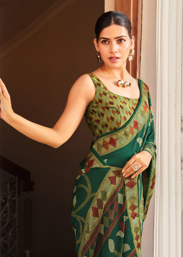 Jungle Green Floral Printed Soft Silk Saree