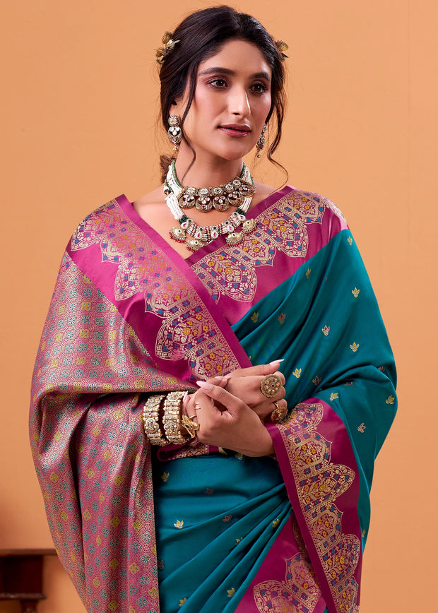 Teal Blue Banarasi Satin Silk Saree