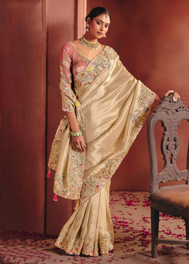 Classic Cream Designer Embroidered Saree