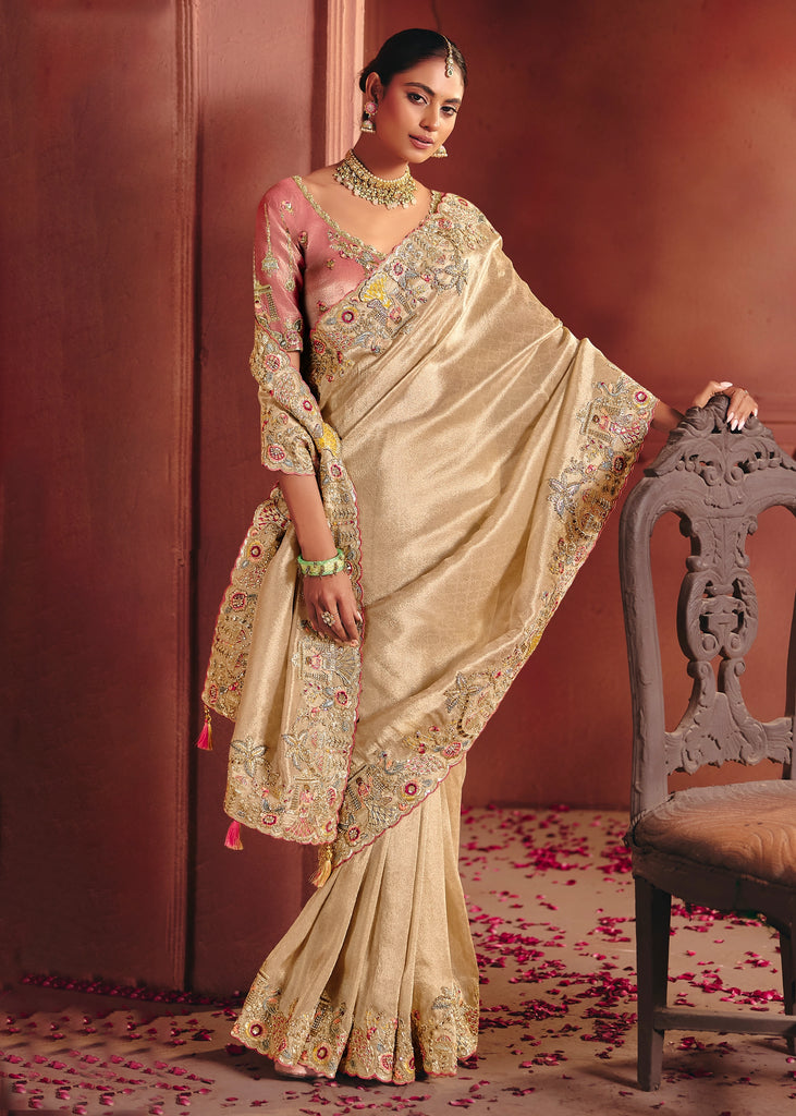 Classic Cream Designer Embroidered Saree