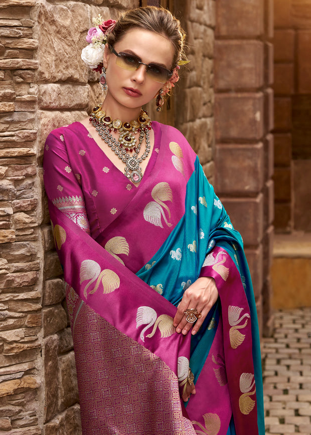 Teal Blue Banarasi Satin Silk Saree