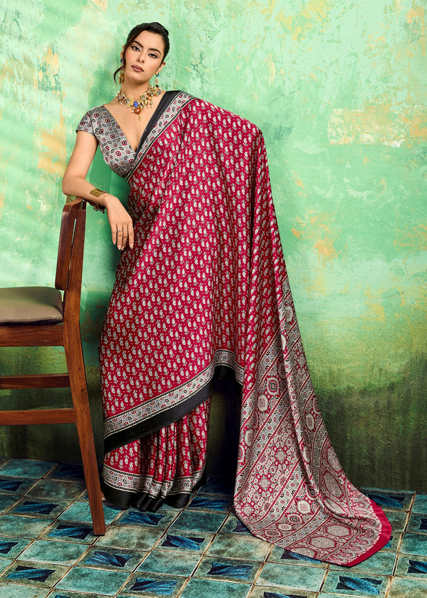 Scarlet Red Printed Satin Silk Saree