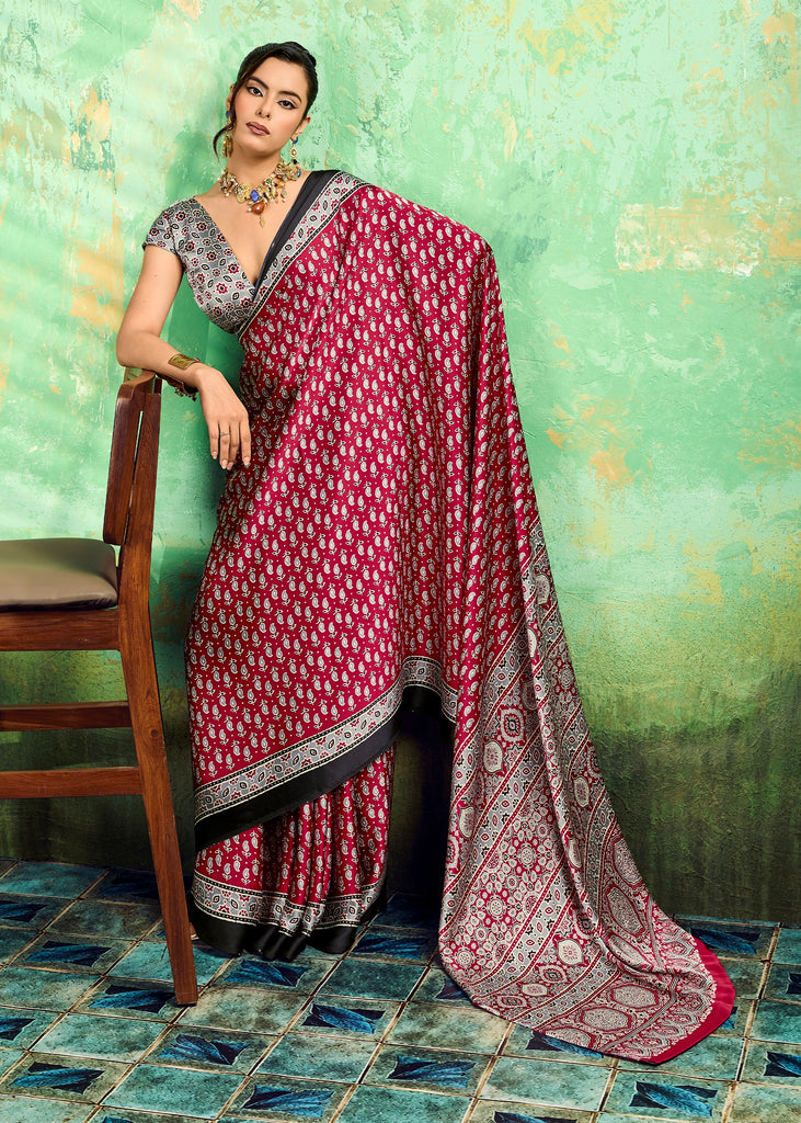 Scarlet Red Printed Satin Silk Saree