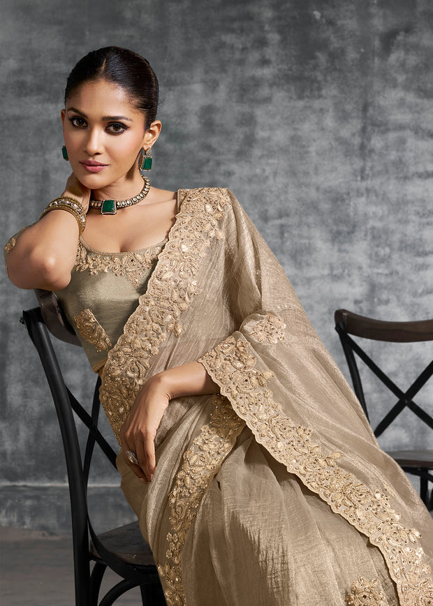 Sand Beige Embroidered Tissue Silk Saree
