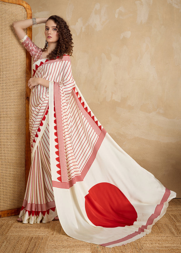 Off White And Red Printed Satin Silk Saree