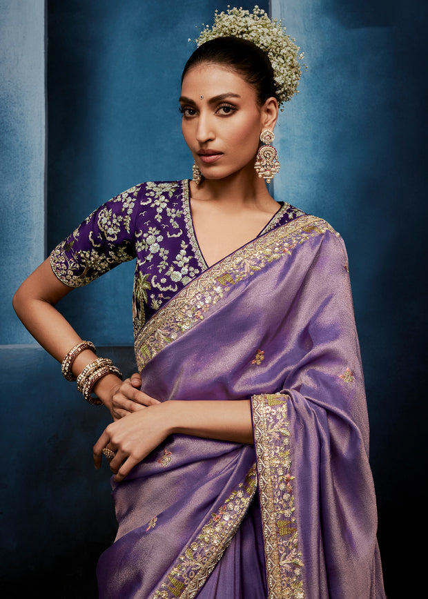 Lavender Purple Embroidered Designer Tissue Saree