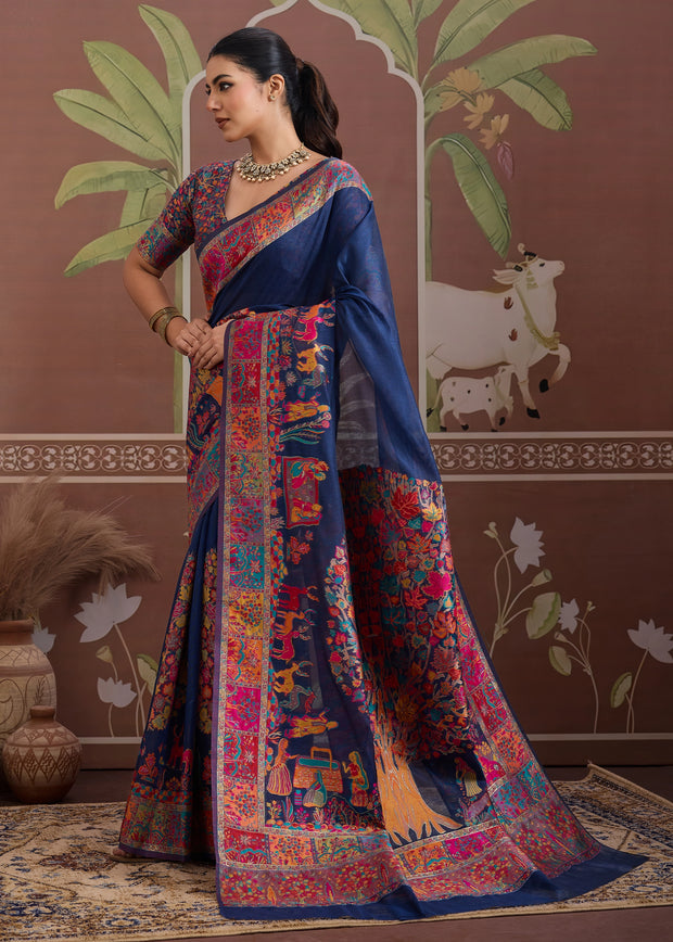 Midnight blue Kashmiri Jamewar woven cotton saree with fine jaal pattern