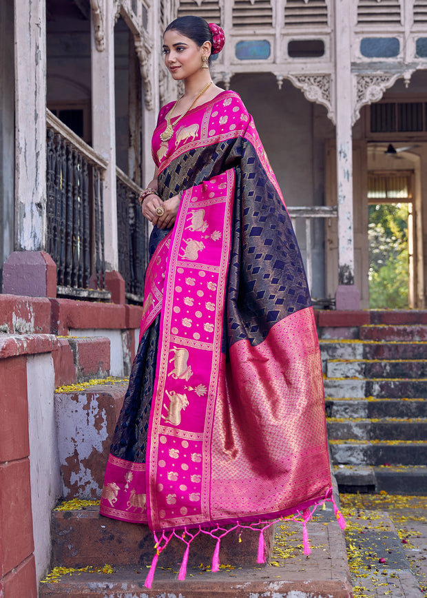 Midnight Blue Woven Banarasi Silk Saree
