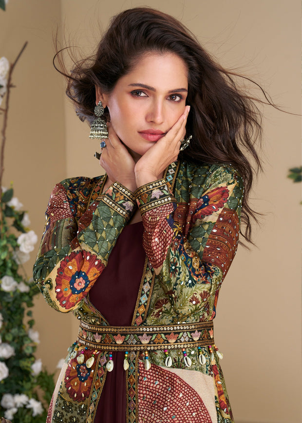 Brick Red Shrug Style Gown with Embroidered Work