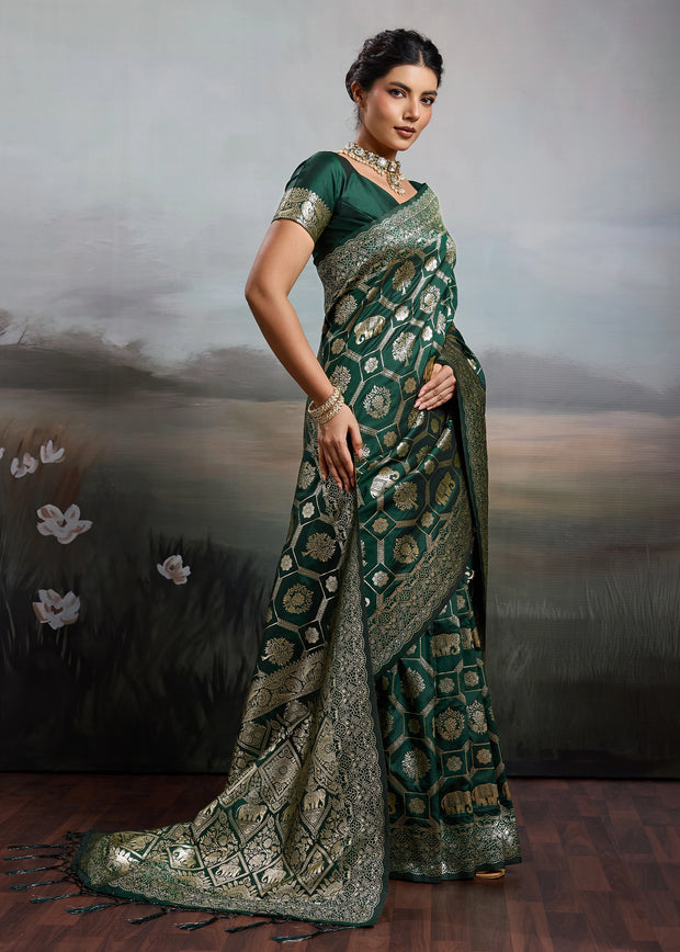 Bottle Green Woven Banarasi Silk Saree