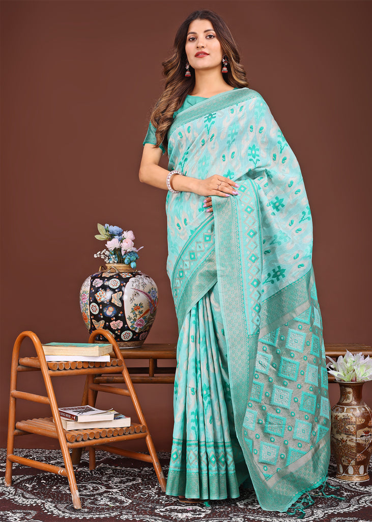 Sea Blue Woven Cotton Linen Silk Saree