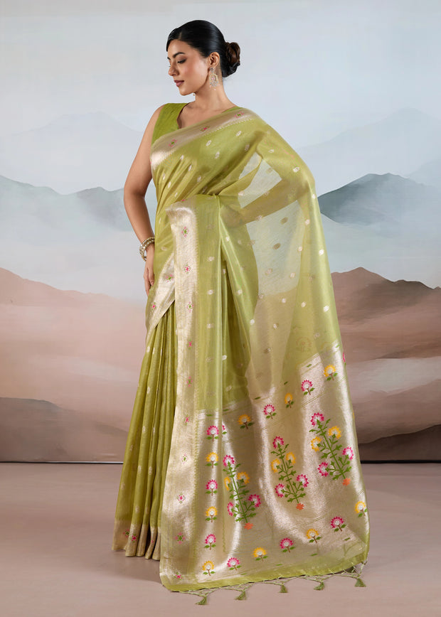Pistachio Green Woven Banarasi Tissue Silk Saree