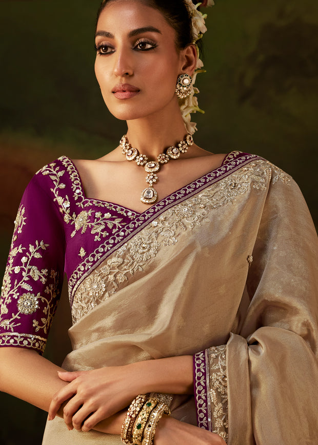 Champagne Beige Embroidered Tissue Saree
