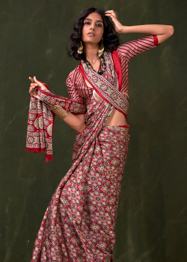 Poppy Red Printed Satin Crepe Silk Saree