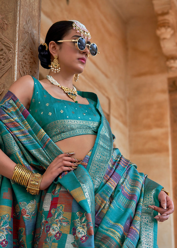 Teal Blue Printed Soft Silk Saree