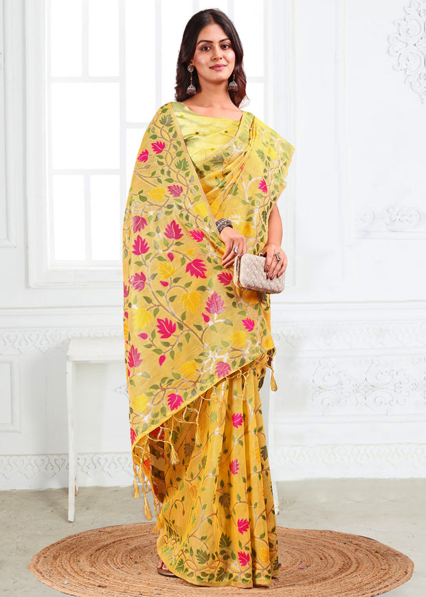 Vibrant Yellow Woven Linen Cotton Silk Saree