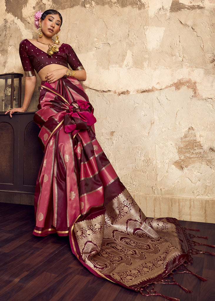 Pink And Maroon Rangkat Satin Silk Saree