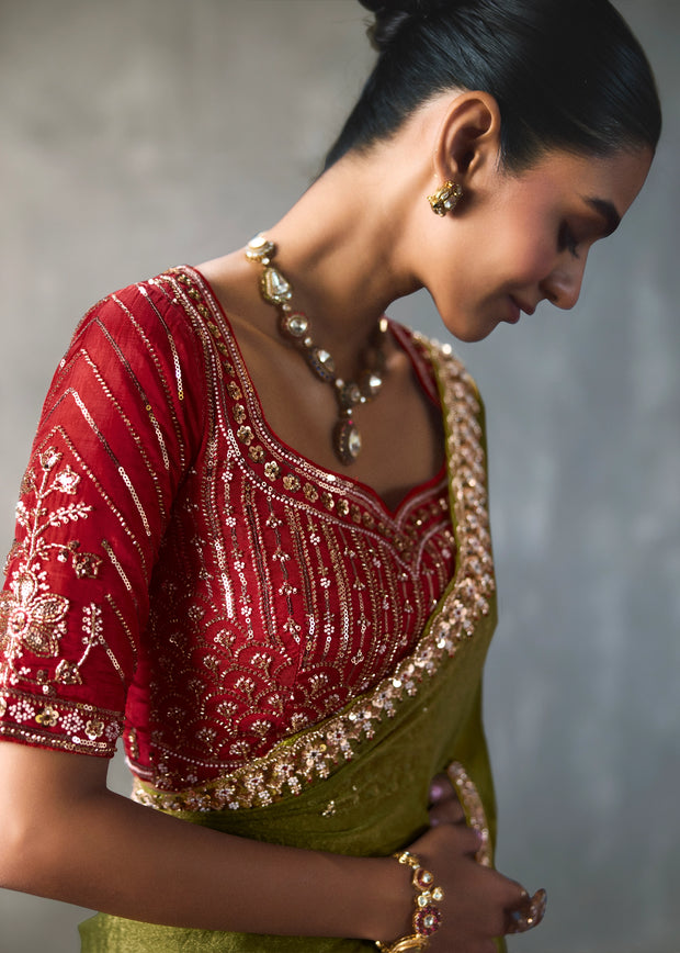 Olive Green Embroidered Silk Saree With Heavy Blouese