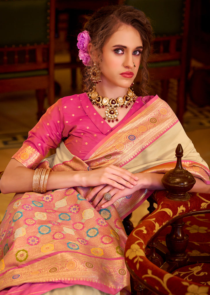 White And Pink Woven Banarasi Soft Silk Saree
