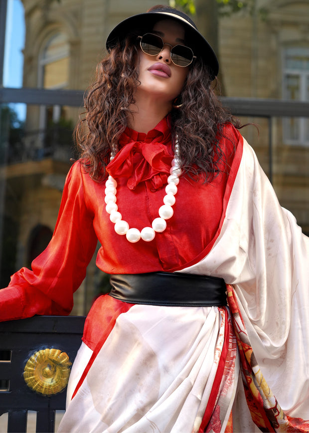 Red And White Printed Satin Silk Saree
