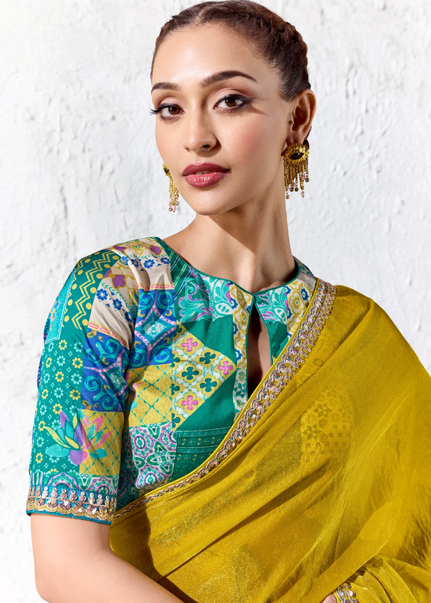 Mustard Yellow Designer Organza Silk Saree With Printed Blouse