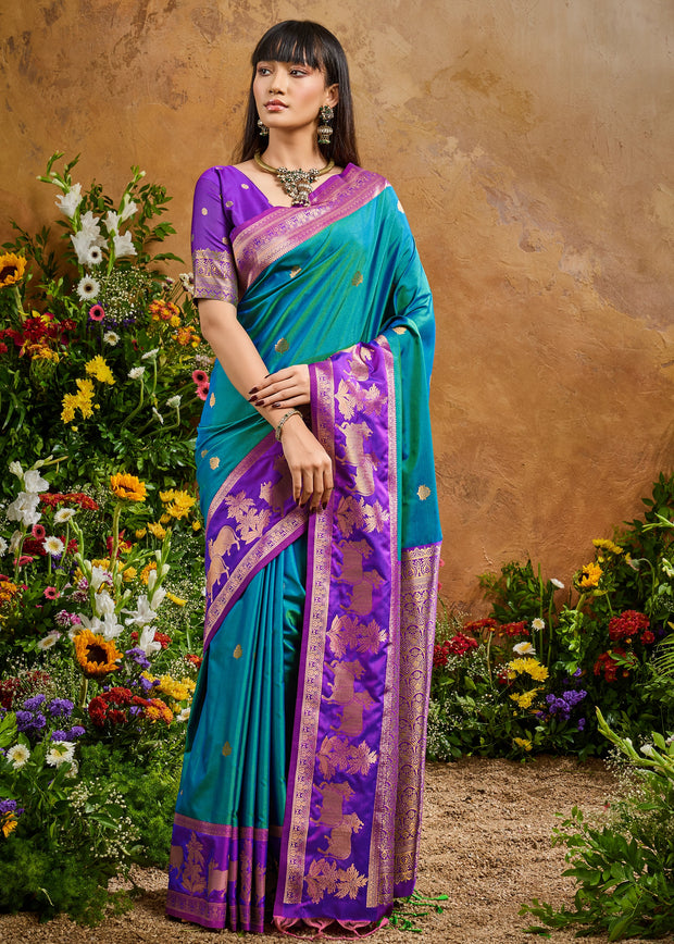 Swedish Blue Woven Banarasi Silk Saree