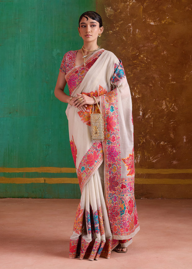 Desert White Woven Cotton Kashmiri Jamewar Saree