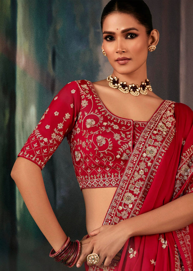 Flame Red Designer Embroidered Saree