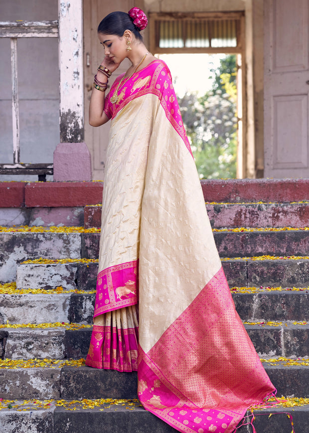 White And Pink Woven Banarasi Silk Saree