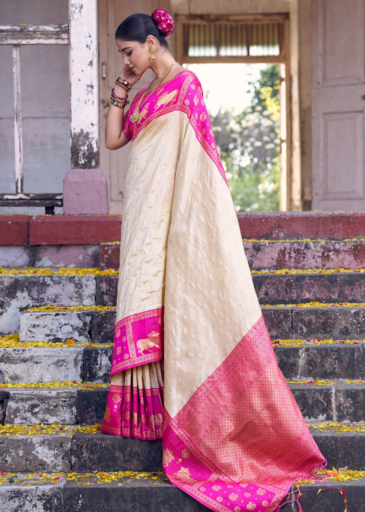 White And Pink Woven Banarasi Silk Saree